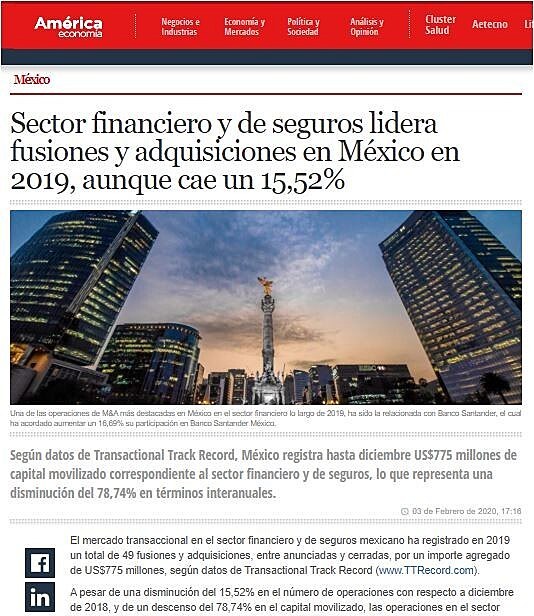 Sector financiero y de seguros lidera fusiones y adquisiciones en Mxico en 2019, aunque cae un 15,52%